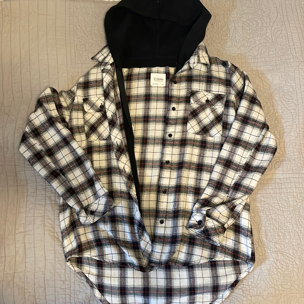 Zip up/button hooded flannel, size L, red, black, off white